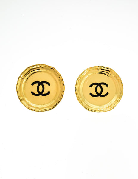 Chanel Vintage Large Gold CC Logo Plate Earrings