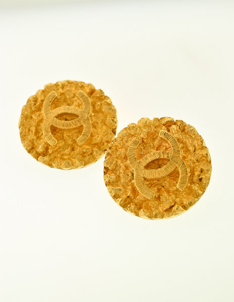 Chanel Vintage Gold CC Logo Round Nugget Earrings