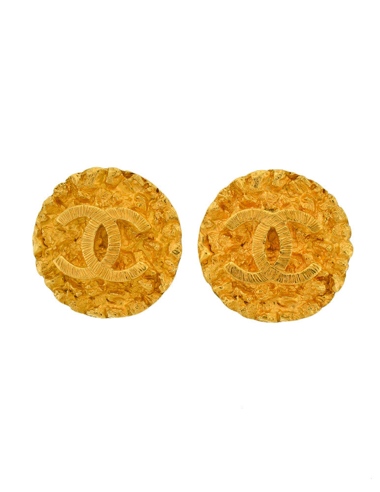 Chanel Vintage Gold CC Logo Round Nugget Earrings