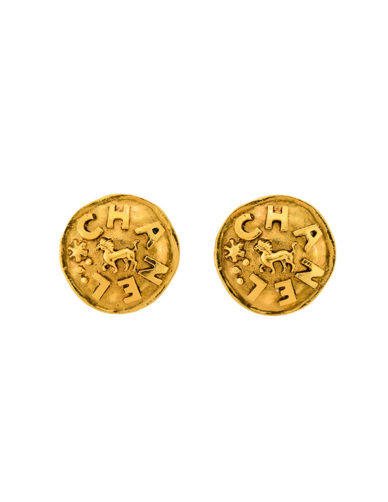 Chanel Vintage Gold Pegasus Namesake Earrings