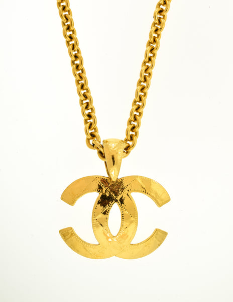 Chanel Vintage Gold Quilted CC Logo Pendant Necklace
