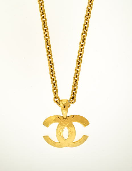 Chanel Vintage Gold Quilted CC Logo Pendant Necklace