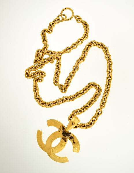 Chanel Vintage Gold Quilted CC Logo Pendant Necklace