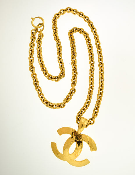 Chanel Vintage Gold Quilted CC Logo Pendant Necklace