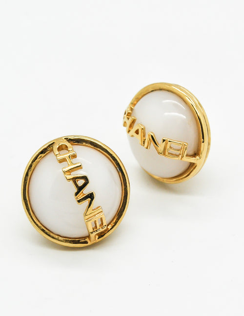 Chanel Vintage White Imitation Pearl And Gold Metal CC Earrings