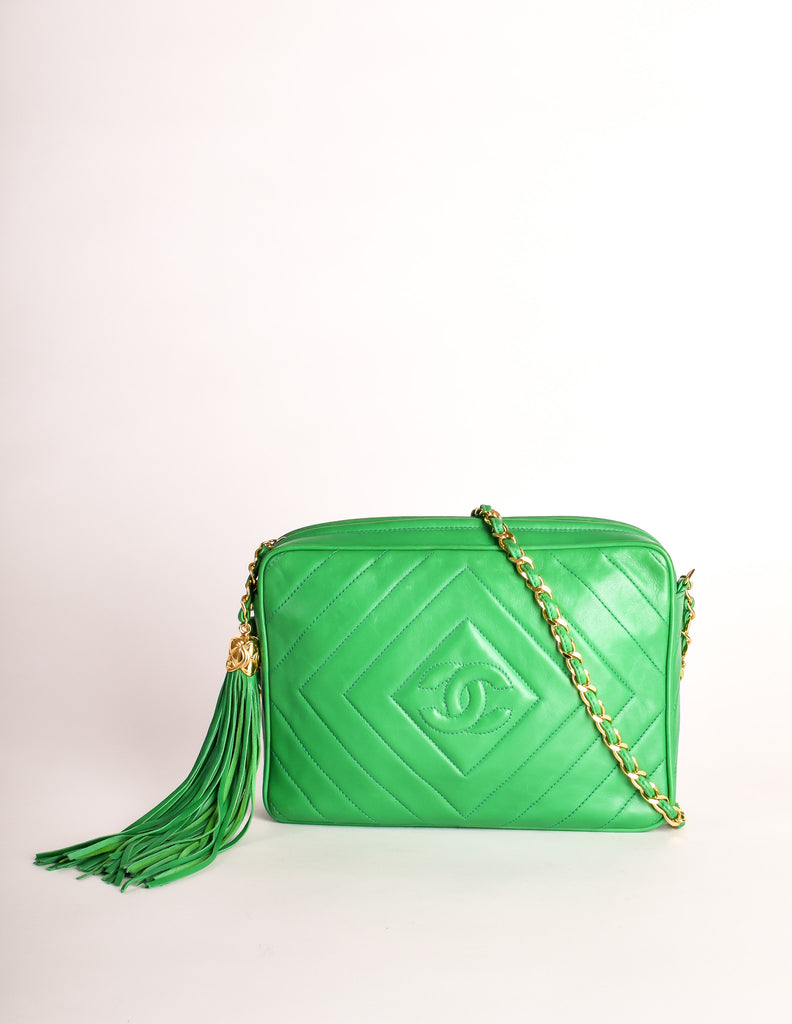 Chanel Case Camera Fringe Tassel Quilted 234644 Green Satin Cross Body Bag, Chanel