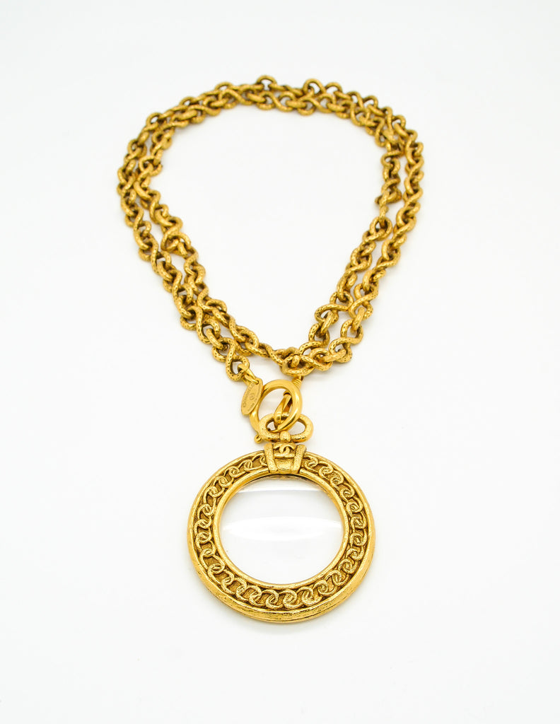Chanel Magnifying Glass Chain Necklace Metal Gold Tone CC Auth Ar9782