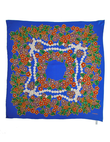 Chanel Vintage Multicolor Floral Gripoix & Pearl Print Silk Scarf