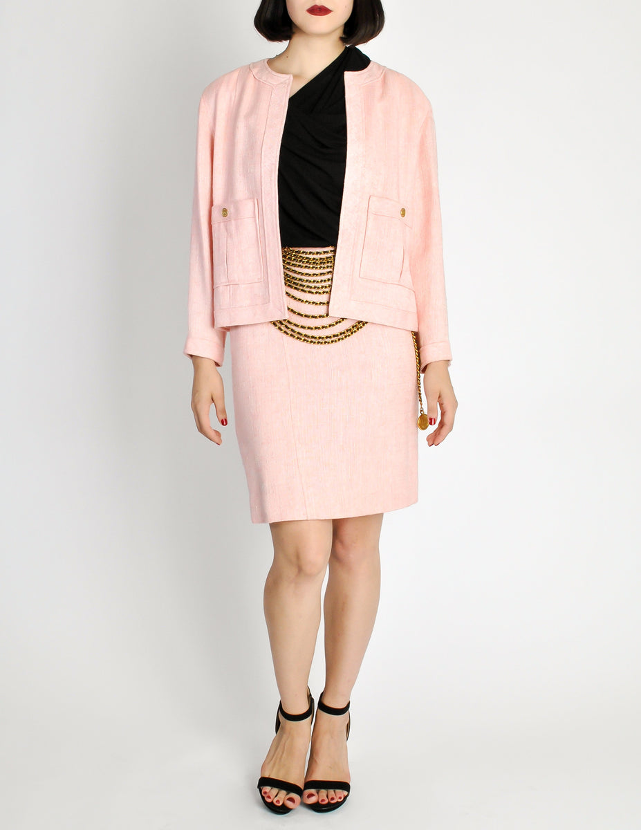 Chanel Vintage Pink Nubby Linen Tweed Two-Piece Jacket and Skirt