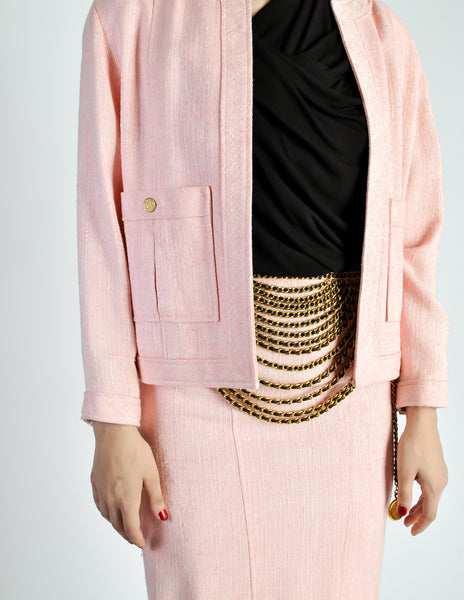 Chanel Vintage Pink Linen Tweed Two-Piece Jacket and Skirt Suit