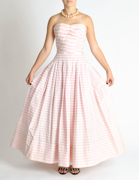 Chanel Vintage Pink & White Striped Raw Silk Shantung Pleated Bodice Gown Dress