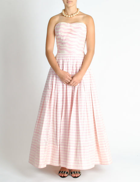 Chanel Vintage Pink & White Striped Raw Silk Shantung Pleated Bodice Gown Dress