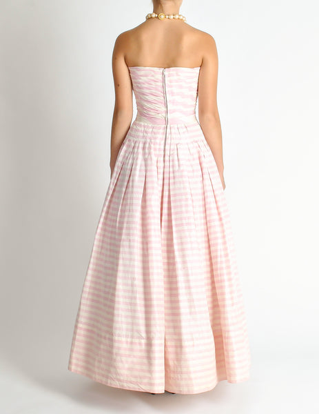 Chanel Vintage Pink & White Striped Raw Silk Shantung Pleated Bodice Gown Dress