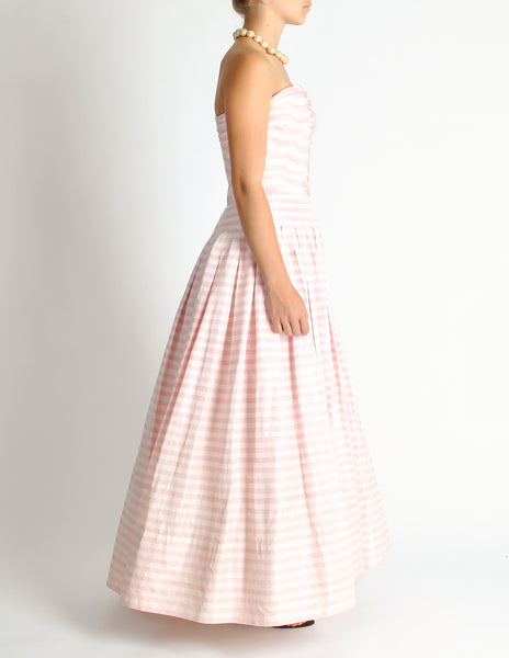 Chanel Vintage Pink & White Striped Raw Silk Shantung Pleated Bodice Gown Dress