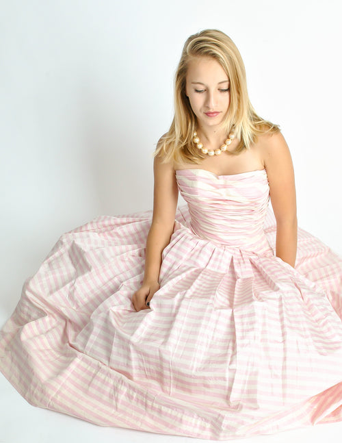 Chanel Vintage Pink & White Striped Raw Silk Shantung Pleated Bodice G Amarcord Vintage Fashion Chanel Vintage Pink & White Striped Raw Silk Shantung Pleated Bodice G Amarcord Vintage Fashion