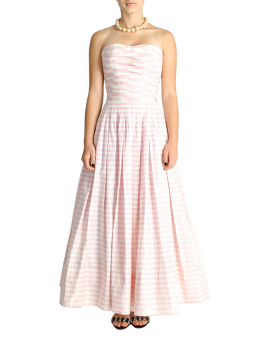 Chanel Vintage Pink & White Striped Raw Silk Shantung Pleated Bodice Gown Dress