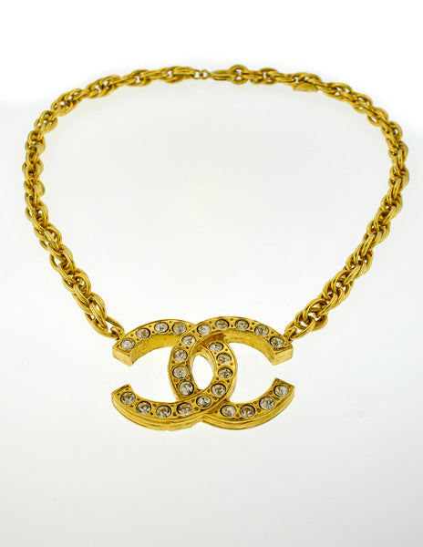 Chanel Vintage Gold Rhinestone CC Logo Necklace - Amarcord Vintage Fashion
 - 5