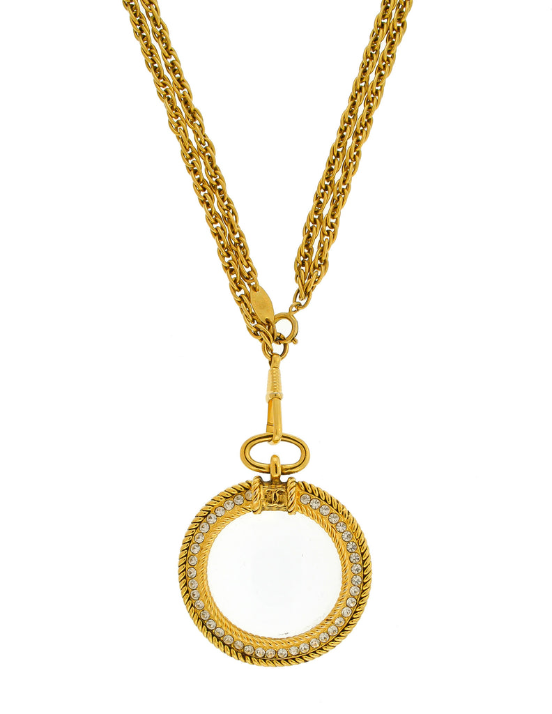 Chanel Gold Tone Metal Loupe Round Braid Magnifying Glass Chain Necklace