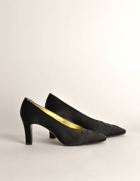 Chanel Vintage Black Satin CC Logo Heels
