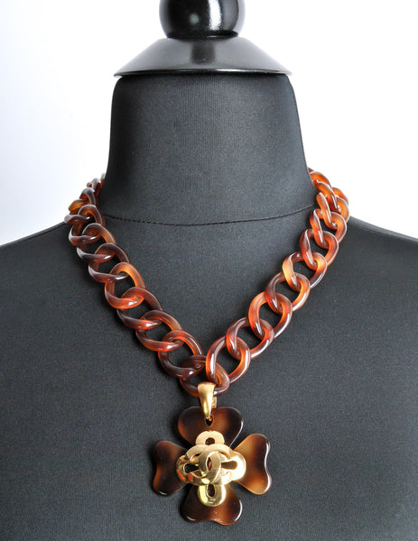 Chanel Vintage Tortoise Clover Chain Link Necklace