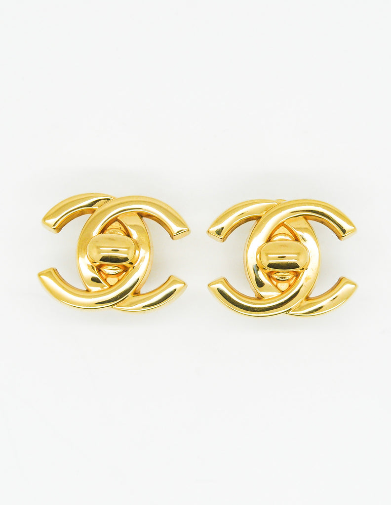 Chanel Vintage Chanel Gold Tone Twist Lock Motif Earrings CC