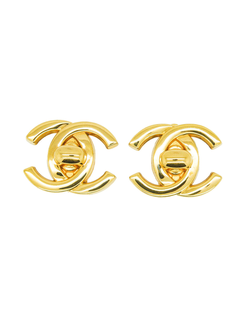CHANEL NEW CC Gold Black Chain Leather Turnlock Evening Hoop Earrings in  Box For Sale at 1stDibs