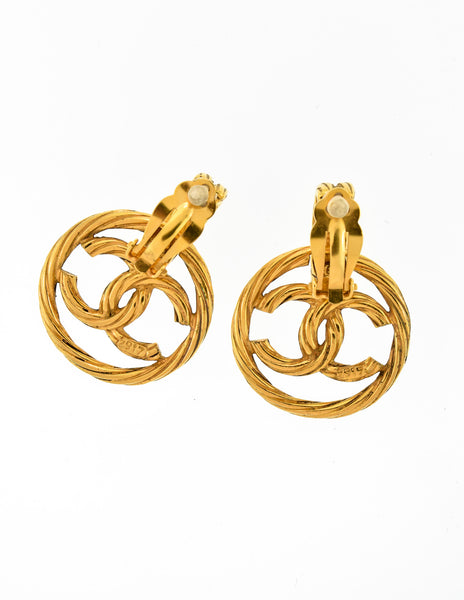 Chanel Vintage Gold Twisted CC Logo Dangle Earrings