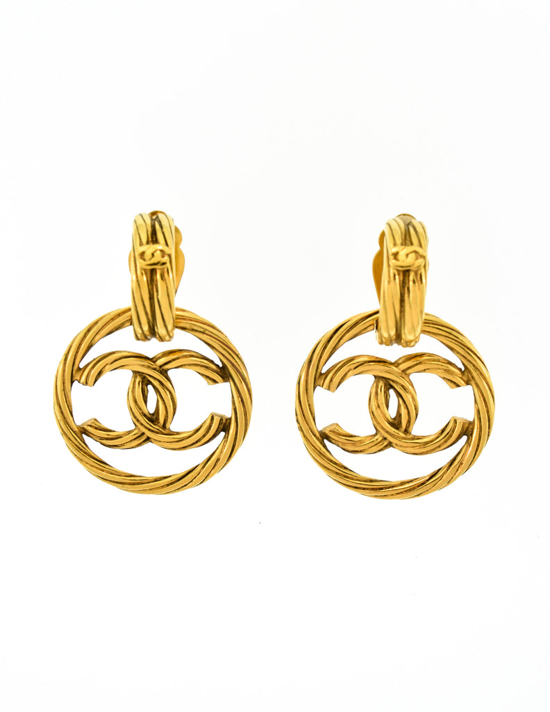 Chanel Vintage Gold and Pink Dangle CC Logo Drop Earrings