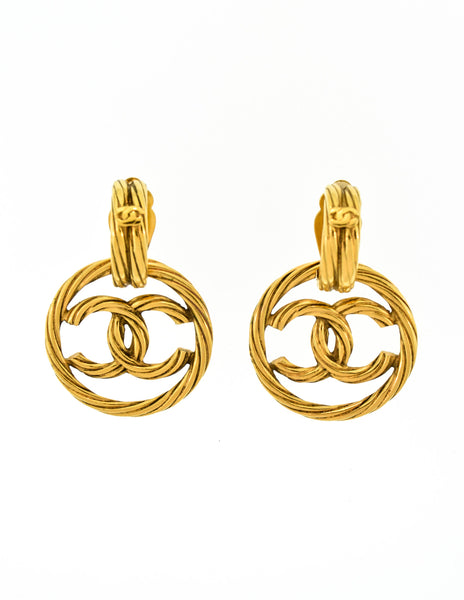 Chanel Vintage Gold Twisted CC Logo Dangle Earrings