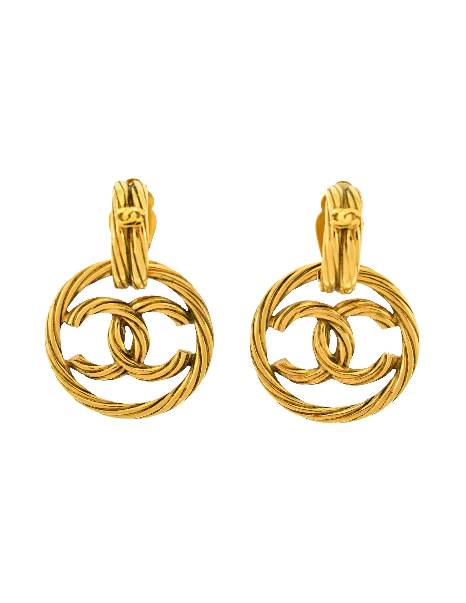 Chanel Vintage Gold Twisted CC Logo Dangle Earrings