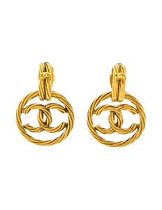 Chanel Vintage Gold Twisted CC Logo Dangle Earrings