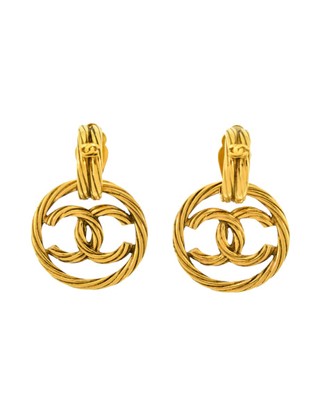Chanel Vintage Gold Twisted CC Logo Dangle Earrings