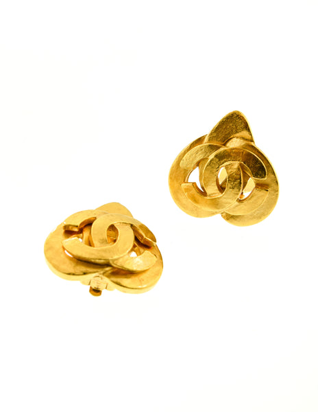 Chanel Vintage Brushed Gold CC Logo Triad Earrings