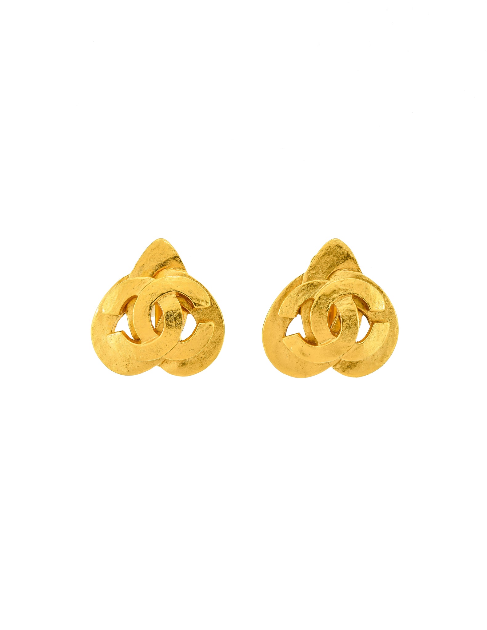 Chanel Vintage Brushed Gold CC Logo Triad Earrings