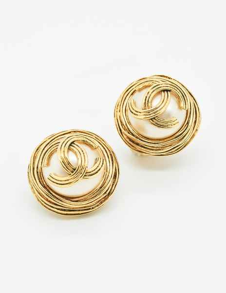 Chanel Vintage Gold Pearl CC Logo Birds Nest Earrings