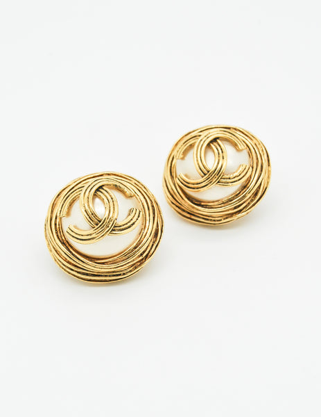 Chanel Vintage Gold Pearl CC Logo Birds Nest Earrings