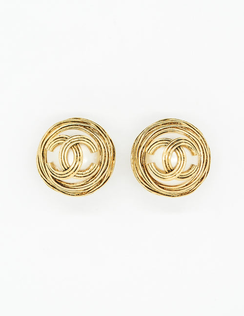 Buy Vintage CHANEL Golden Round Shape Faux Pearl Earrings With