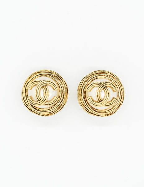Chanel Vintage Gold Pearl CC Logo Birds Nest Earrings