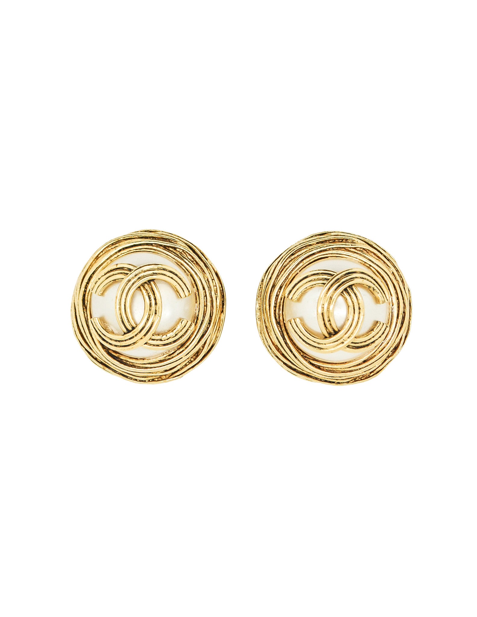 Chanel Vintage Gold Pearl CC Logo Birds Nest Earrings
