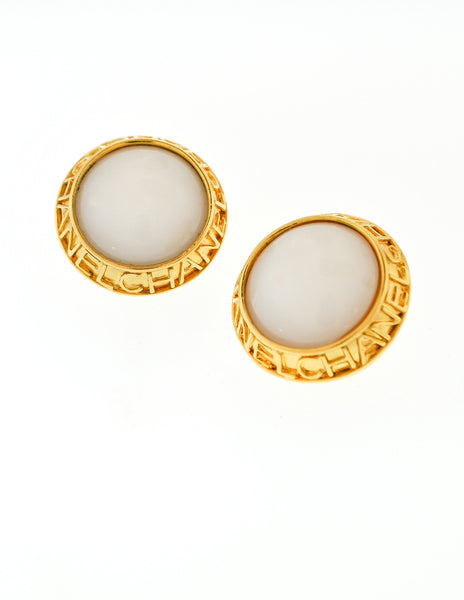 Chanel Vintage Gold & White Glass Namesake Earrings
