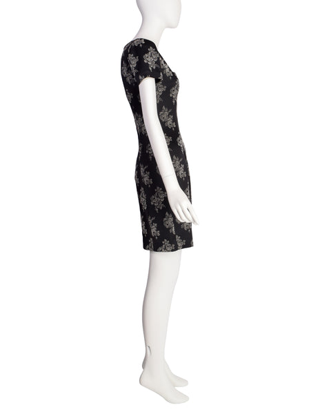 Chantal Thomass Vintage 1990s Black Grey Rose Floral Bodycon Mini Dress
