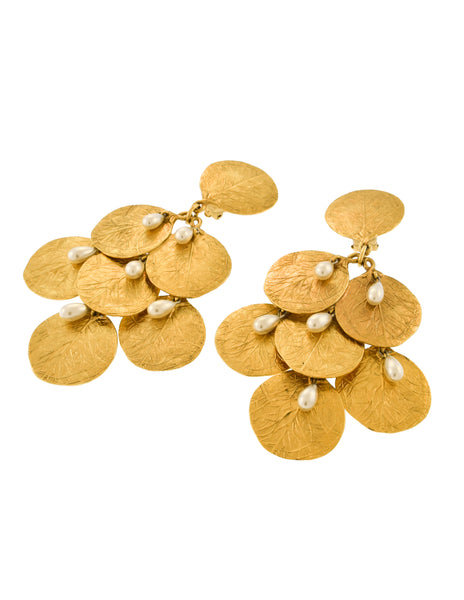 Charles Jourdan Vintage Massive Gold Leaf Coin Pearl Dangle Drop Earrings