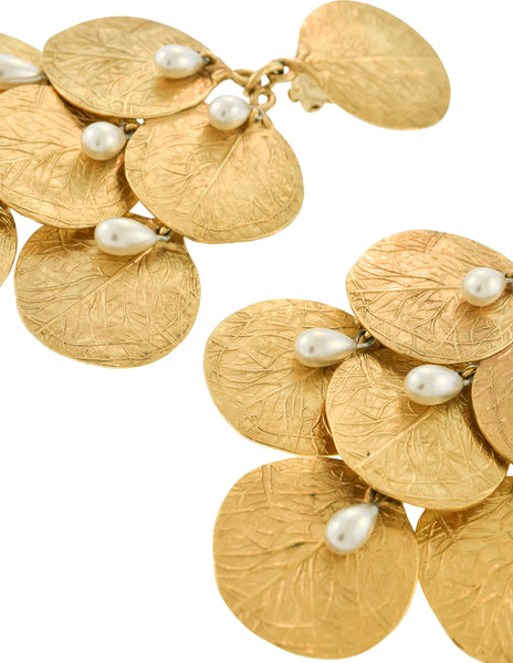 Charles Jourdan Vintage Massive Gold Leaf Coin Pearl Dangle Drop Earrings