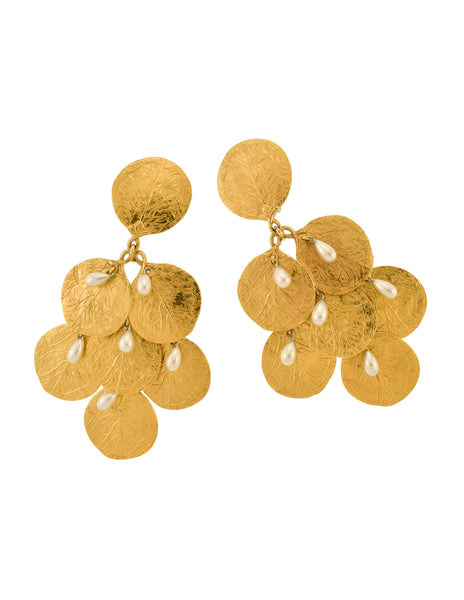 Charles Jourdan Vintage Massive Gold Leaf Coin Pearl Dangle Drop Earrings