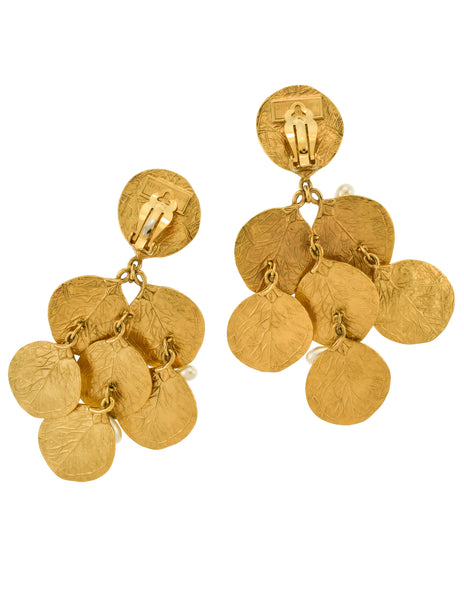 Charles Jourdan Vintage Massive Gold Leaf Coin Pearl Dangle Drop Earrings