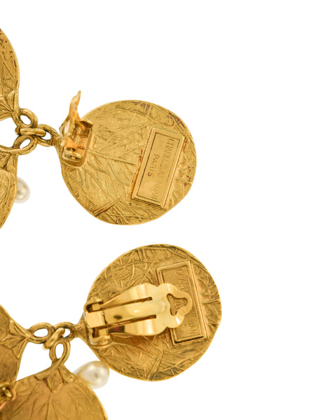 Charles Jourdan Vintage Massive Gold Leaf Coin Pearl Dangle Drop Earrings