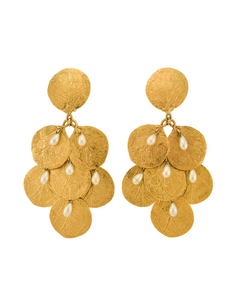 Charles Jourdan Vintage Massive Gold Leaf Coin Pearl Dangle Drop Earrings