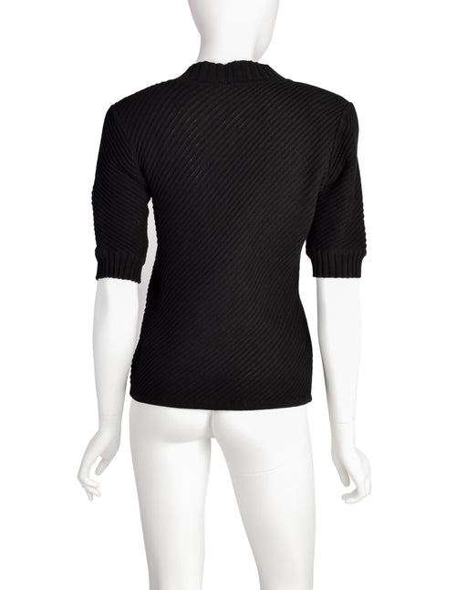 Chloe Vintage 1980s Black Ribbed Knit Cotton Short Sleeve V Neck