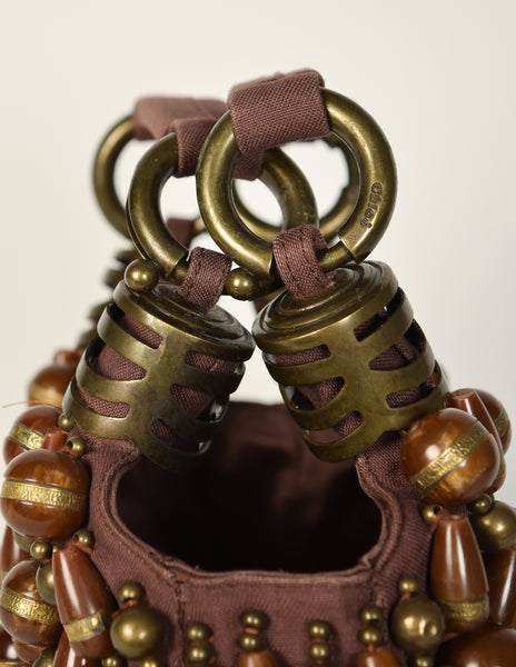 Chloe Vintage Brown Beaded Canvas Top Handle Bracelet Bag