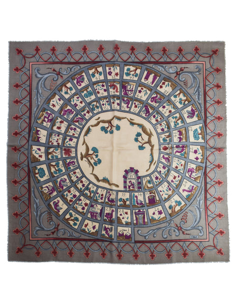 Chloe Vintage Wool Multicolor Le Jeu de L'oie Illustrated Novelty Massive Pashmina Shawl Scarf